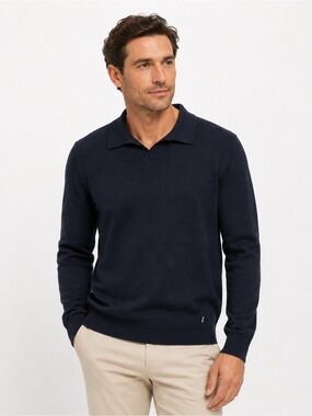 BOSS Hugo Boss Men’s M Navy Knit Polo Sweater Long Sleeve Quiet Luxury